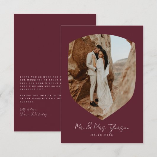Elegant Handwritant Burgundy Photo Wedding Bedankkaart (Voorkant / Achterkant)