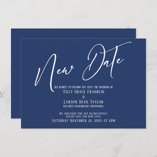 Elegant Handwriting Nieuwe Datum Navy Aankondiging (Voorkant / Achterkant)