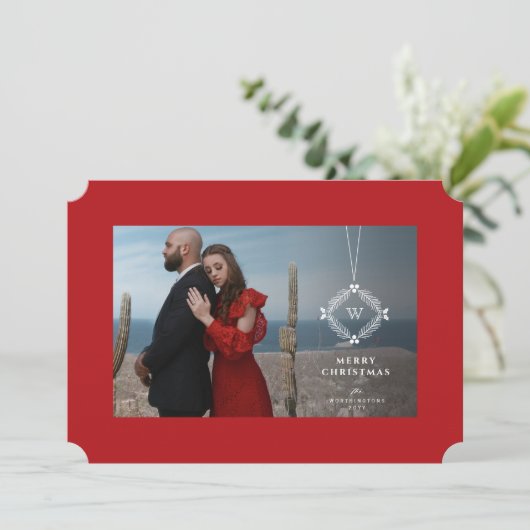 Elegant Hangend Monogram Elegante Kerst Foto Feestdagenkaart (Staand voorkant)