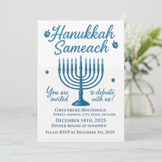 Elegant Hanukkah Sameach Dinner Kaart (Staand voorkant)
