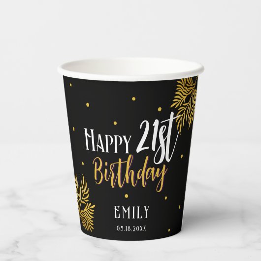 Elegant Happy 21st Birthday Gold Foliage Party Papieren Bekers (Achterkant)