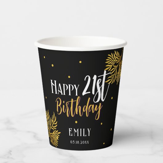 Elegant Happy 21st Birthday Gold Foliage Party Papieren Bekers (Voorkant)