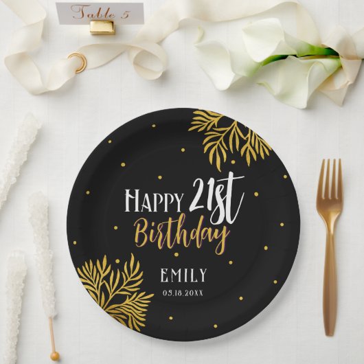 Elegant Happy 21st Birthday Gold Foliage Party Papieren Bordje (Huwelijk)
