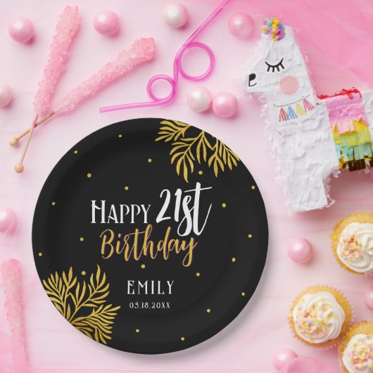 Elegant Happy 21st Birthday Gold Foliage Party Papieren Bordje (Feest)