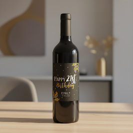 Elegant Happy 21st Birthday Gold Foliage Party Wijn Etiket
