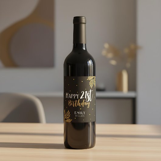 Elegant Happy 21st Birthday Gold Foliage Party Wijn Etiket