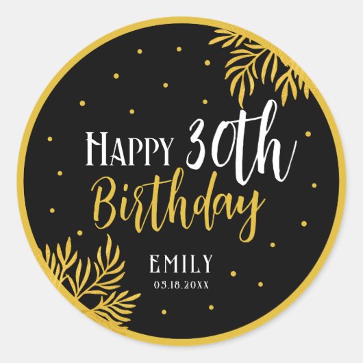 Elegant Happy 30th Birthday Gold Foliage Party Ronde Sticker (Voorkant)