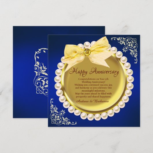 Elegant Happy 5th Wedding Jubileum Gold & Navy Kaart (Voorkant / Achterkant)