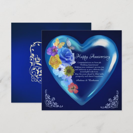 Elegant Happy 5th Wedding Jubileum Heart Navy Kaart (Voorkant / Achterkant)