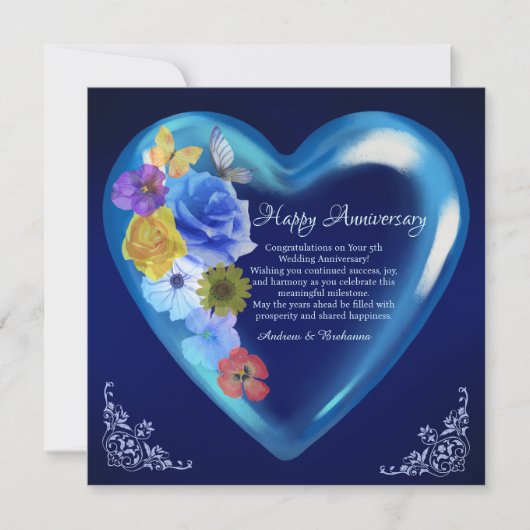 Elegant Happy 5th Wedding Jubileum Heart Navy Kaart (Voorkant)