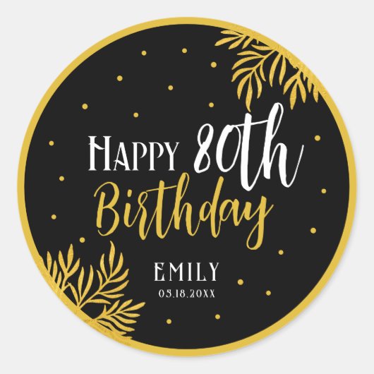 Elegant Happy 80th Birthday Gold Foliage Party Ronde Sticker (Voorkant)
