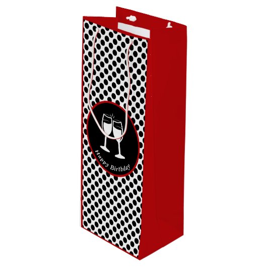 Elegant Happy Birthday Glasses Black Polka Dot Wijn Cadeautas (Voorkant Gekanteld)