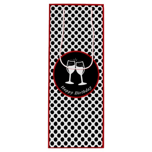 Elegant Happy Birthday Glasses Black Polka Dot Wijn Cadeautas (Voorkant)