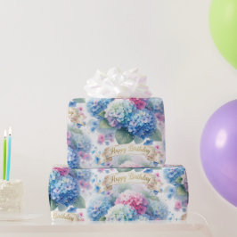 Elegant Happy Birthday Hydrangea Floral  Cadeaupapier