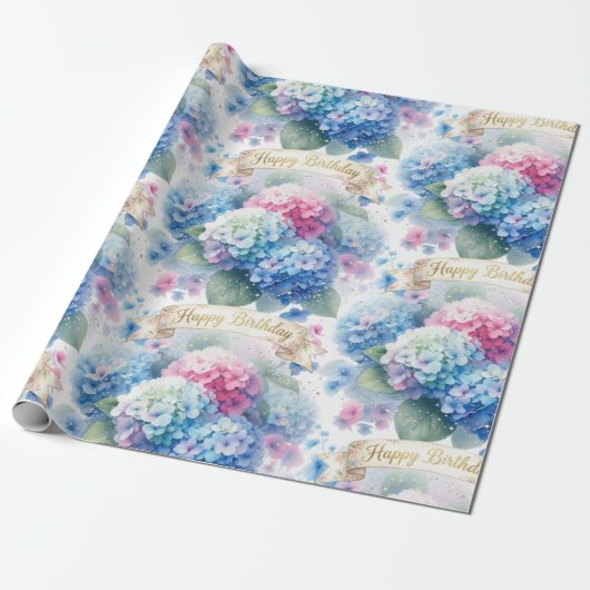 Elegant Happy Birthday Hydrangea Floral Cadeaupapier (Uitgerold)