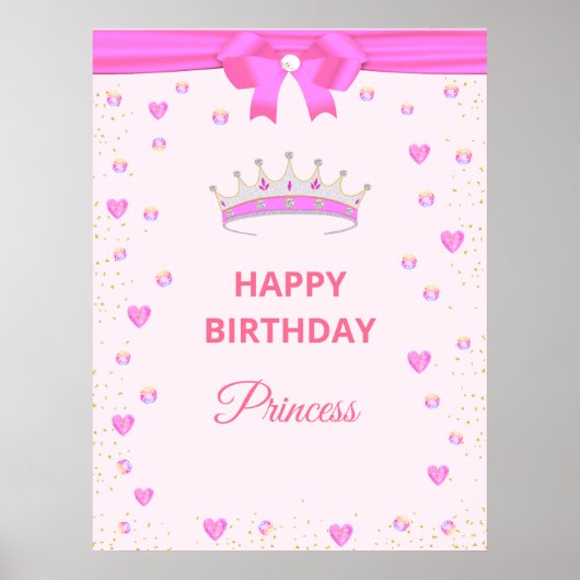 Elegant Happy Birthday Princess & Pareltjes op roz Poster (Voorkant)