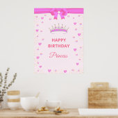 Elegant Happy Birthday Princess & Pareltjes op roz Poster (Keuken)