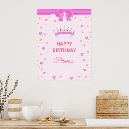 Elegant Happy Birthday Princess & Pareltjes op roz Poster (Keuken)