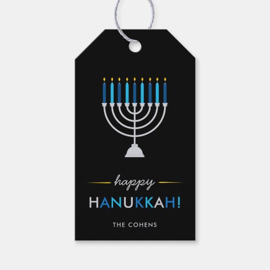 Elegant Happy Chanoeka Zwart met Zilveren Menorah Cadeaulabel (Voorkant)