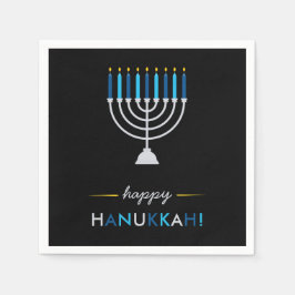 Elegant Happy Chanoeka Zwart met Zilveren Menorah Servet