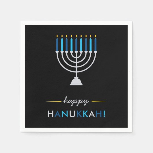 Elegant Happy Chanoeka Zwart met Zilveren Menorah Servet (Voorkant)