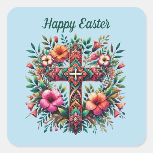 Elegant Happy Easter Cross Vierkante Sticker (Voorkant)