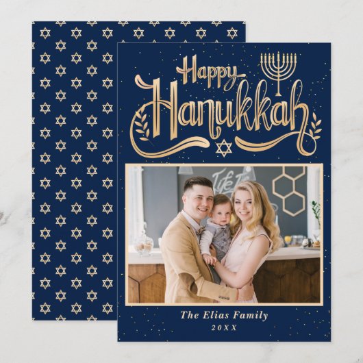 Elegant Happy Hanukkah Navy Blue en Gold Photo Feestdagenkaart (Voorkant / Achterkant)