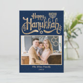 Elegant Happy Hanukkah Navy Blue en Gold Photo Feestdagenkaart (Staand voorkant)