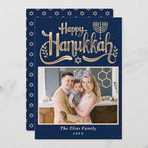 Elegant Happy Hanukkah Navy Blue en Gold Photo Feestdagenkaart