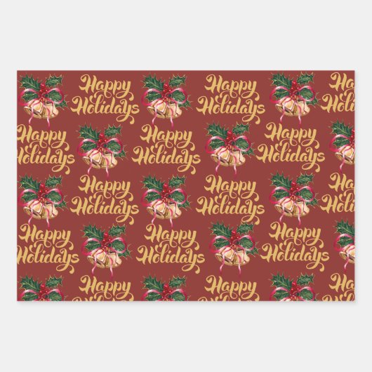 Elegant Happy Holidays Bells Wrapping Paper – Red (Voorkant)
