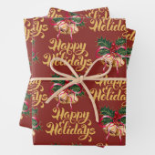 Elegant Happy Holidays Bells Wrapping Paper – Red (In situ)