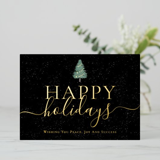 Elegant Happy Holidays Company  Logo Black & Gold Folie Feestdagenkaart (Staand Voorkant)