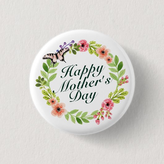 Elegant Happy Moederdag Floral Wreath Button (Voorkant)