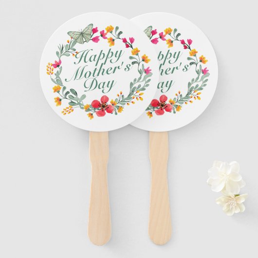 Elegant Happy Moederdag Floral Wreath Hand Fan Handwaaier (Voorkant en achterkant)
