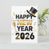 Elegant Happy New Year 2026 Black & Gold Greeting  Bedankkaart (Staand voorkant)