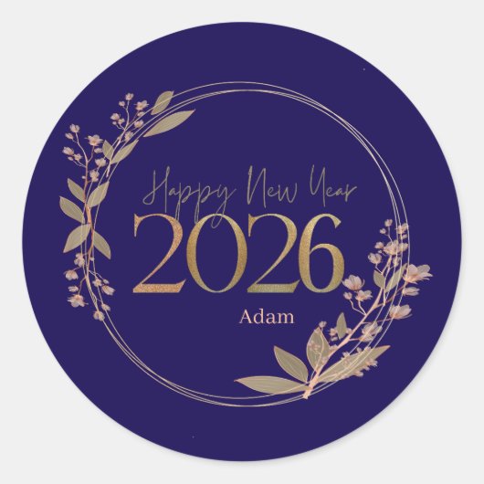 Elegant Happy New Year 2026 Blue & Gold Personaliz Ronde Sticker (Voorkant)
