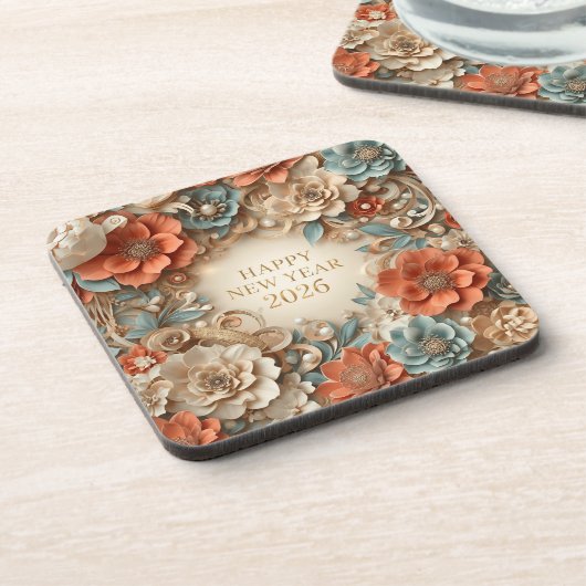 elegant happy new year floral coasters bier onderzetter (Linkerzijde)