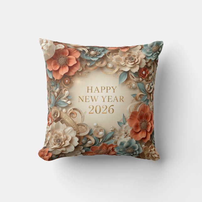 elegant happy new year floral  throw pillow kussen (Voorkant)