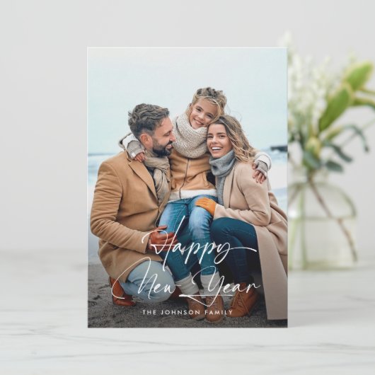 Elegant Happy New Year Script Foto Vakantie Kaart (Staand voorkant)