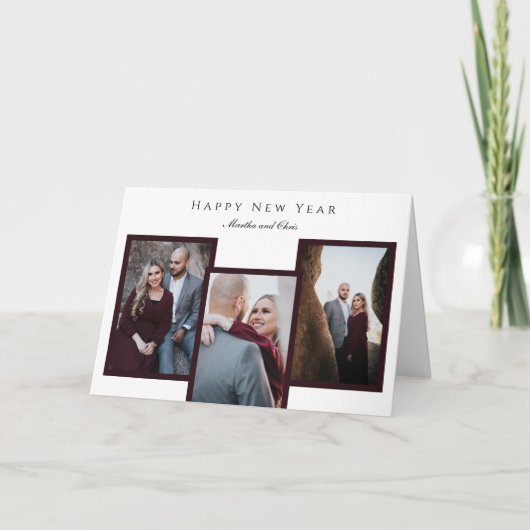 Elegant Happy Nieuwjaar script 3 Foto Collage Red Feestdagen Kaart (Voorkant)
