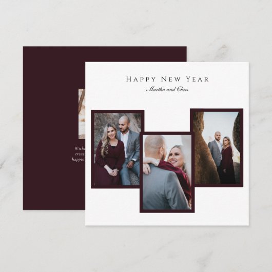 Elegant Happy Nieuwjaar script 3 Foto Collage Red Feestdagenkaart (Voorkant / Achterkant)