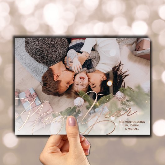 Elegant Happy Nieuwjaar Script Roze Goud Folie Feestdagenkaart