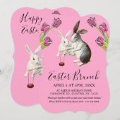 Elegant Happy Pasen Bunnies Brunch Floral Pink Feestdagenkaart (Voorkant / Achterkant)