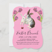 Elegant Happy Pasen Bunnies Brunch Floral Pink Feestdagenkaart (Voorkant)