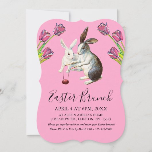 Elegant Happy Pasen Bunnies Brunch Floral Pink Feestdagenkaart (Voorkant)