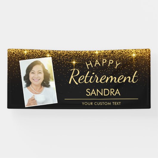 Elegant Happy Retirement Photo Gold Sparkle Spandoek (Horizontaal)