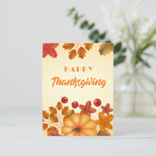Elegant Happy Thanksgiving met pompoen en bladeren Feestdagenkaart (Staand voorkant)