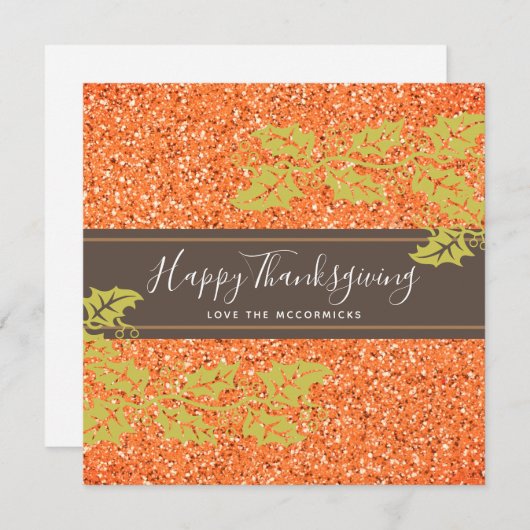Elegant Happy Thanksgiving Script Oranje Glitter Feestdagenkaart (Voorkant / Achterkant)