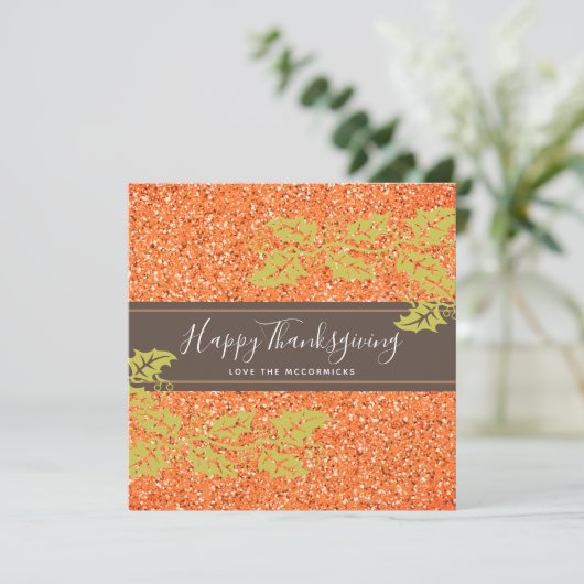 Elegant Happy Thanksgiving Script Oranje Glitter Feestdagenkaart (Staand voorkant)