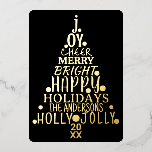 Elegant Happy Word Art - kerstmis zwart goud Folie Feestdagenkaart (Voorkant)